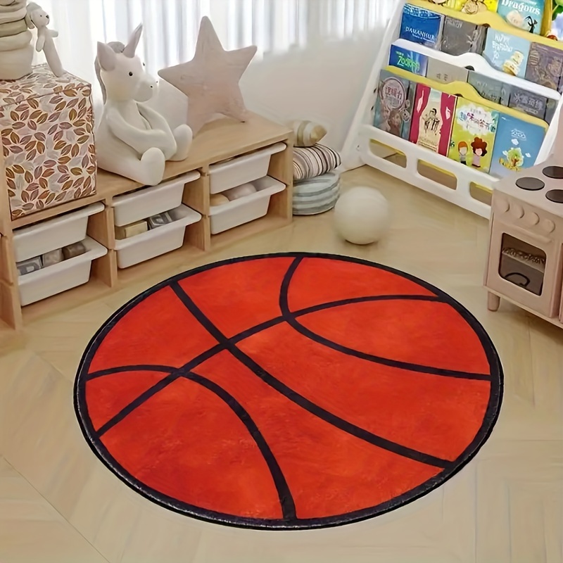 

1pc Thickened Basketball-themed Round Area Mat - Polyester, Machine Washable - Ideal For Bedroom, Living Room, Playroom Decor - Soft & Comfortable , Rugs For Bedroom