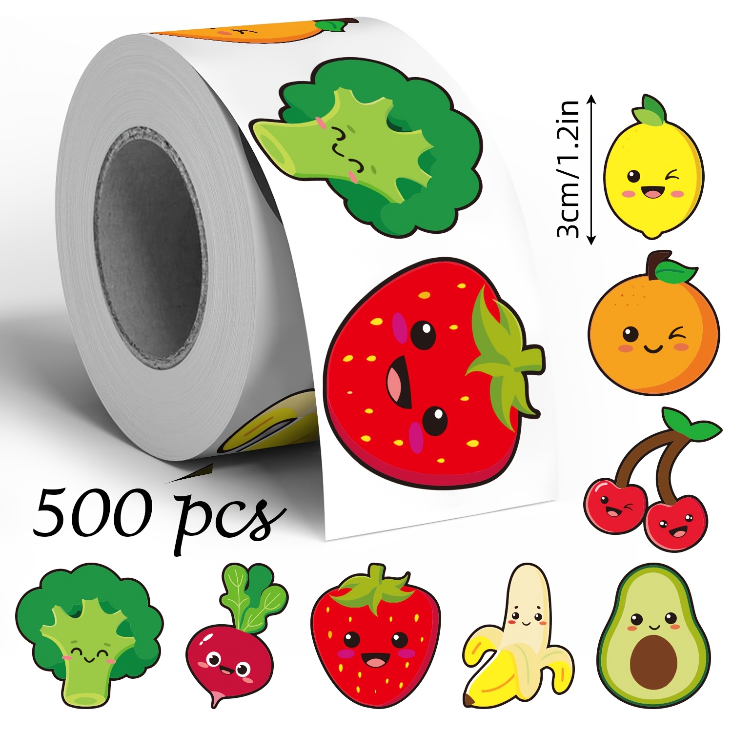 TEMU Lot de 500 autocollants en rouleau de gribouillages de légumes et de fruits de dessin animé, grands irréguliers de 1,2 pouce, 2 styles
