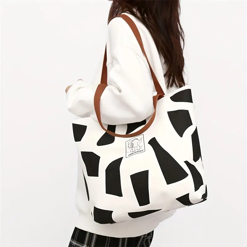 stylish geometric print womens oxford tote bag durable shoulder bag with zipper closure shopping travel commuting in white yellow black commuting accessory modern accessory fabric details 2