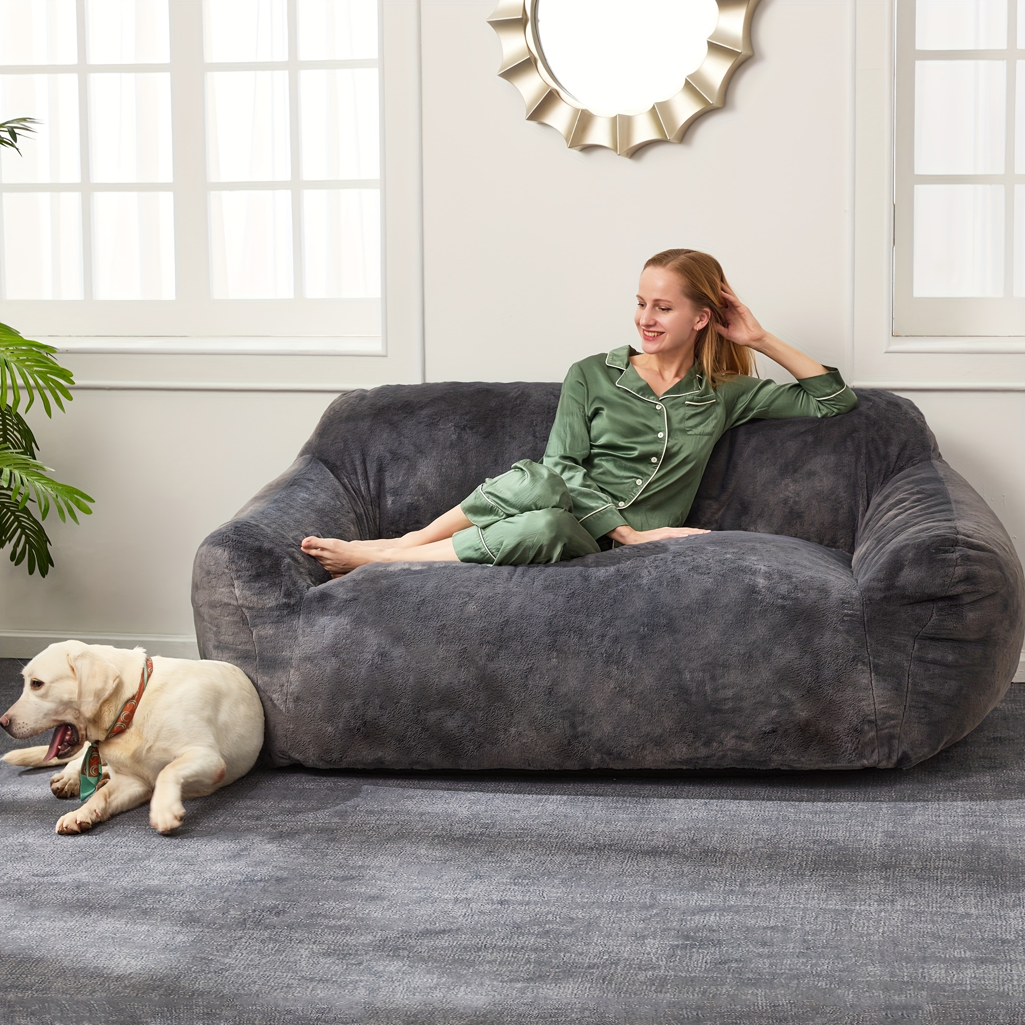 

Oversized For Adults, Bag Sofa, Bean Bag Couch Floor Sofa With Soft Faux Fur Cover & Wide Armrests Big Beanbag Lazy Sofa For Bedroom, Living Room, Apartment