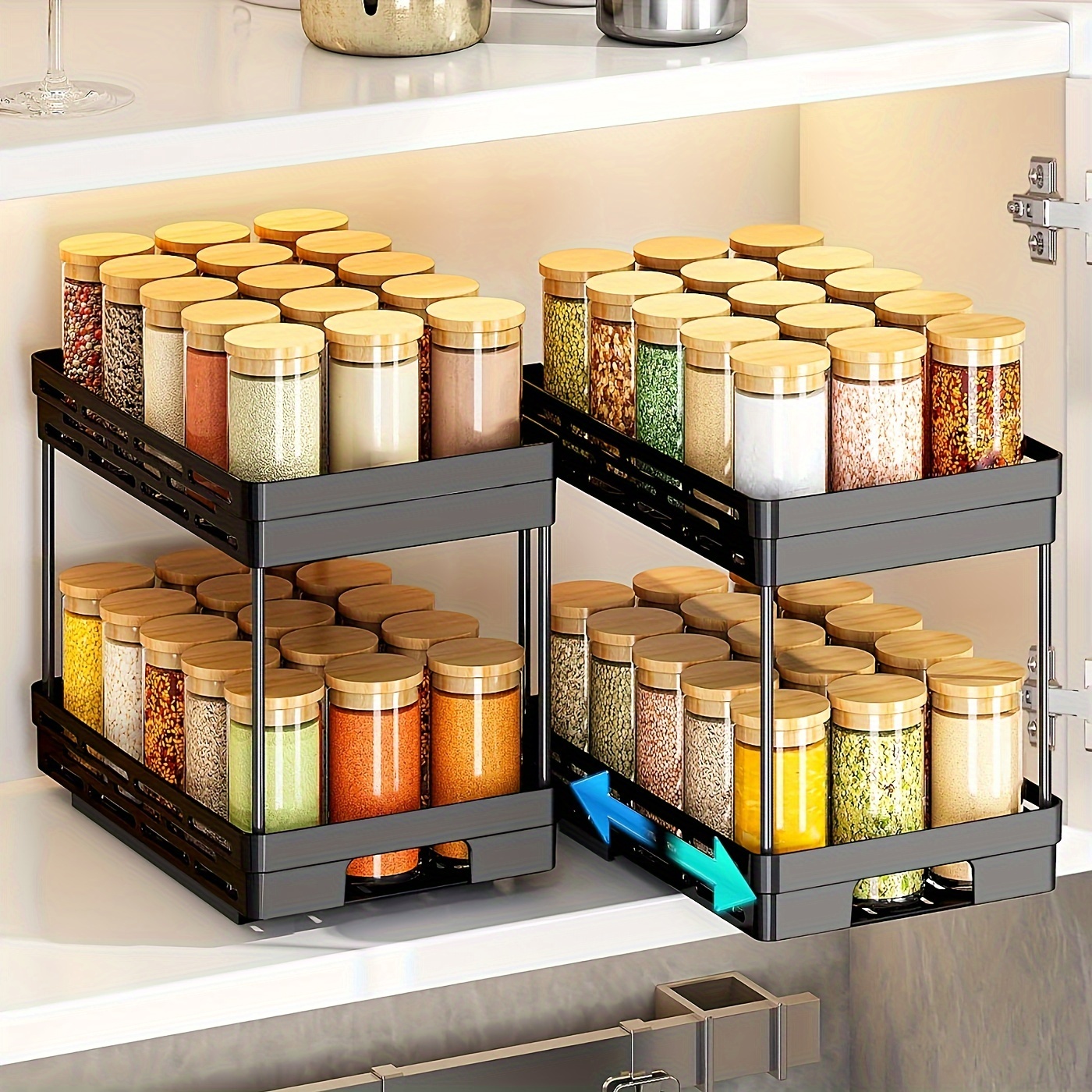 

Pull Out Spice Rack Organizer For Cabinet, 2 Pack Slide Out Spice Racks Organizer, Spice Cabinet Organizers - 2 Tier