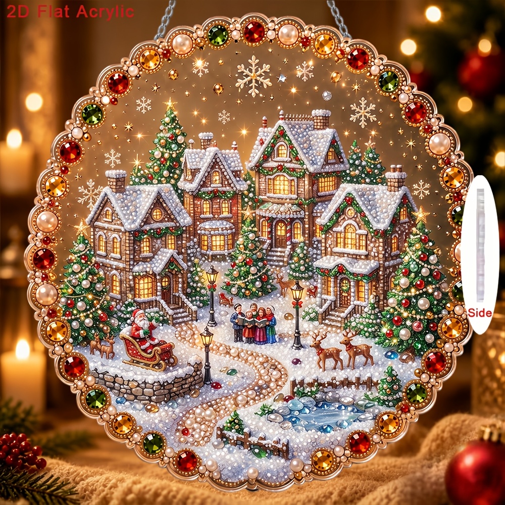 TEMU 2d/flat Printing New Acrylic Pearl Drill Pendant Kit Featuring Christmas Town Pattern, Includes Drill Tool And Pearl Bag, With Chain, Full
