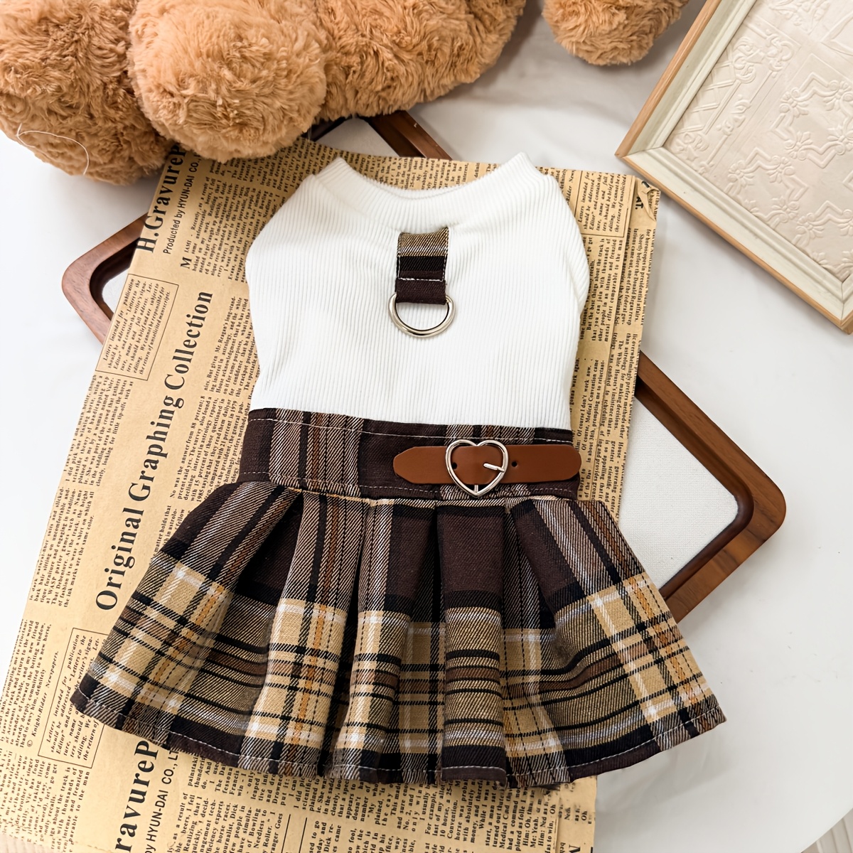 TEMU Robe pour animal de compagnie style preppy, jupe plissée à carreaux avec panneau côtelé extensible, coupe confortable et anneau en D pour laisse