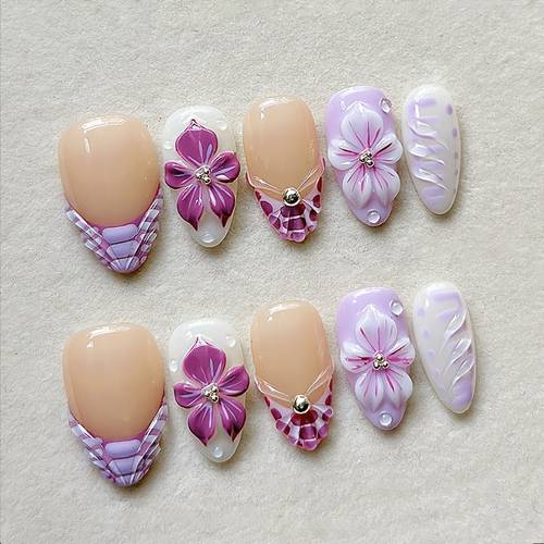 10pcs medium almond press on nails 3d flower french style glossy full cover nails cute nail tips press on nails reusable nails nail set for women daily wear party spring summer