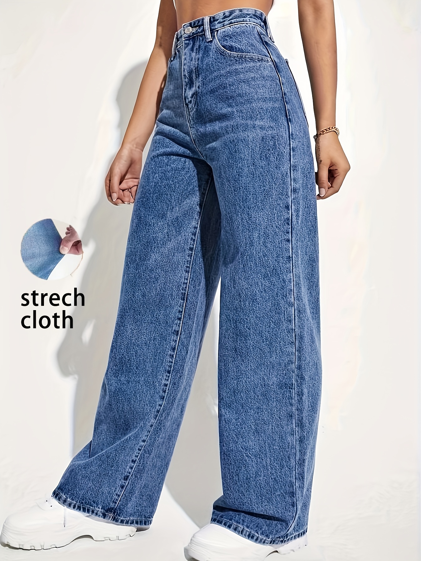 Women's Stretch Denim Straight-Leg Jeans - Light Blue Casual High-Waisted Washed Blue Comfort Fit for Casual Attire