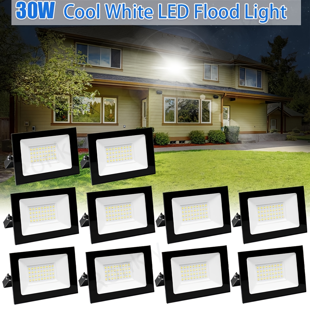 Image of 10 Pack 30w Ip65 High Flood Lights Outdoor, Commercial/residential With Cool Light, Aluminum Housing & Semi-recessed Mount, Hardwired 220-240v, Ideal For Yard, Garden, Garage, Stadium, Hotels