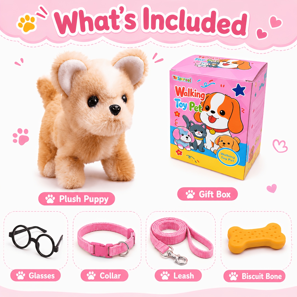 TEMU New Toy Gift Box Set, Realistic Walking Pet Dog Toy, Interactive Puppy Toy With Walking, Barking Sound And , Includes Glasses, , Leash And