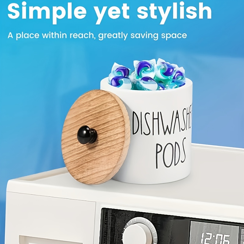 TEMU Round Wooden Laundry & Dishwasher Capsule Container With Lid - Black - Organizer Box For Dishwasher Pods, Laundry Detergent - Kitchen & Laundry