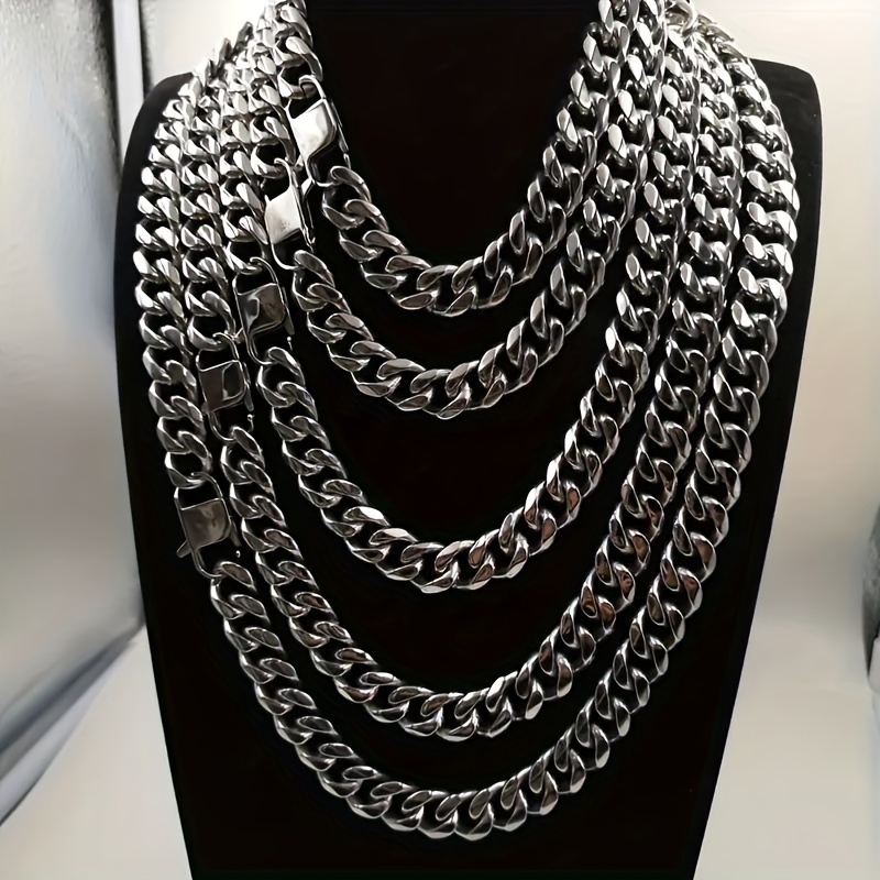 

14mm Stainless Steel Cuban Link Chain Necklace - , Hypoallergenic, Adjustable Size, Silver Color, Hip Hop Rapper Style, Men, Wear, Link Choker Necklace