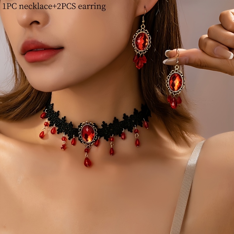 TEMU Ensemble 1 collier + 2 paires de boucles d'oreilles, style gothique élégant avec dentelle ajourée de à pompon, convient pour les banquets et