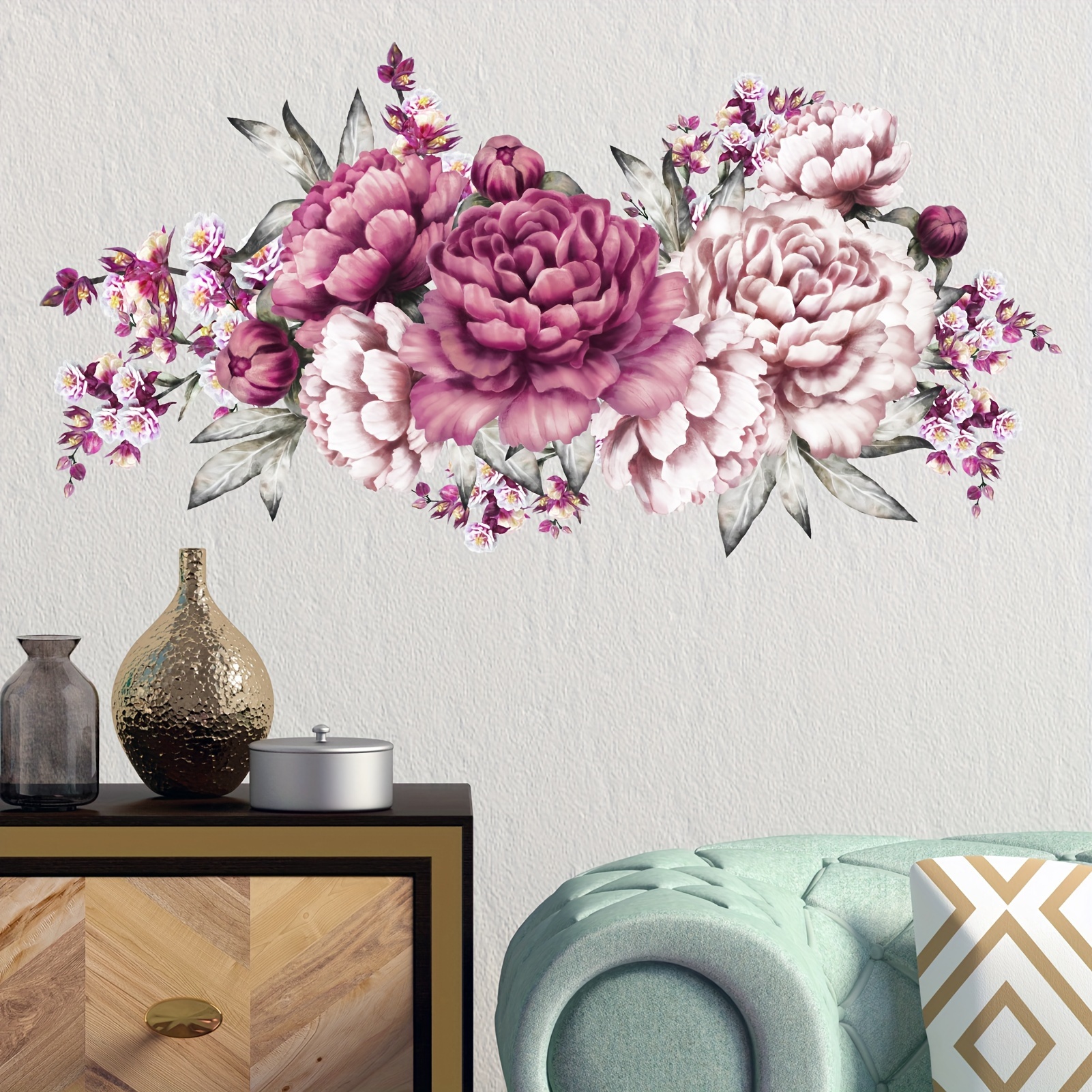 

1pc Contemporary Style Peony Rose Flower Pvc Wall Sticker, Blooming Floral Watercolor Decal, Elegant Home Decor For Bedroom, Living Room, Kitchen Window
