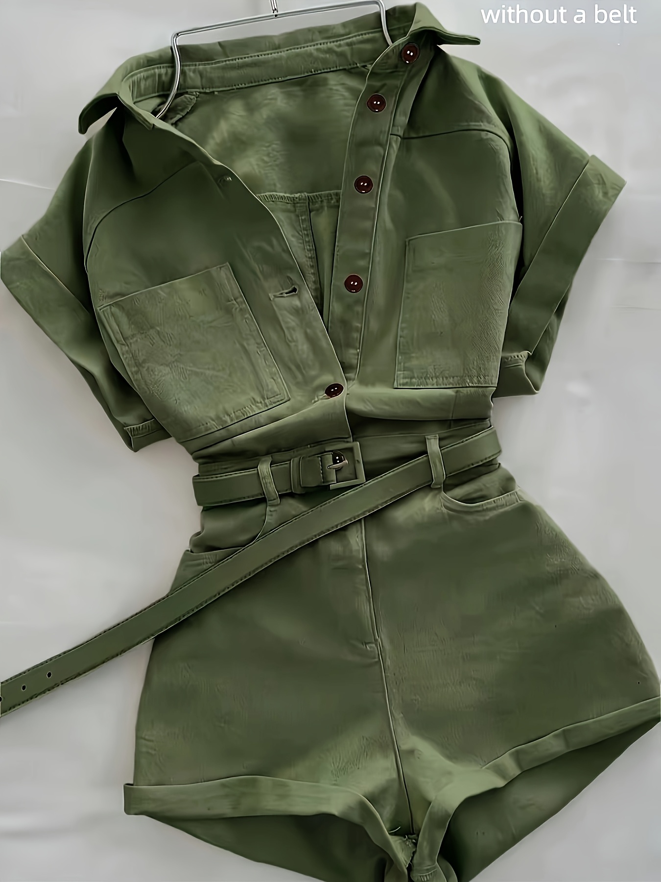 new womens casual workwear jumpsuit with multiple pockets short sleeves and shorts