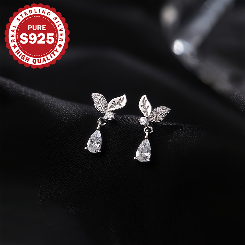 Women's S925 Silver Leaf Zirconia Water Drop Earrings