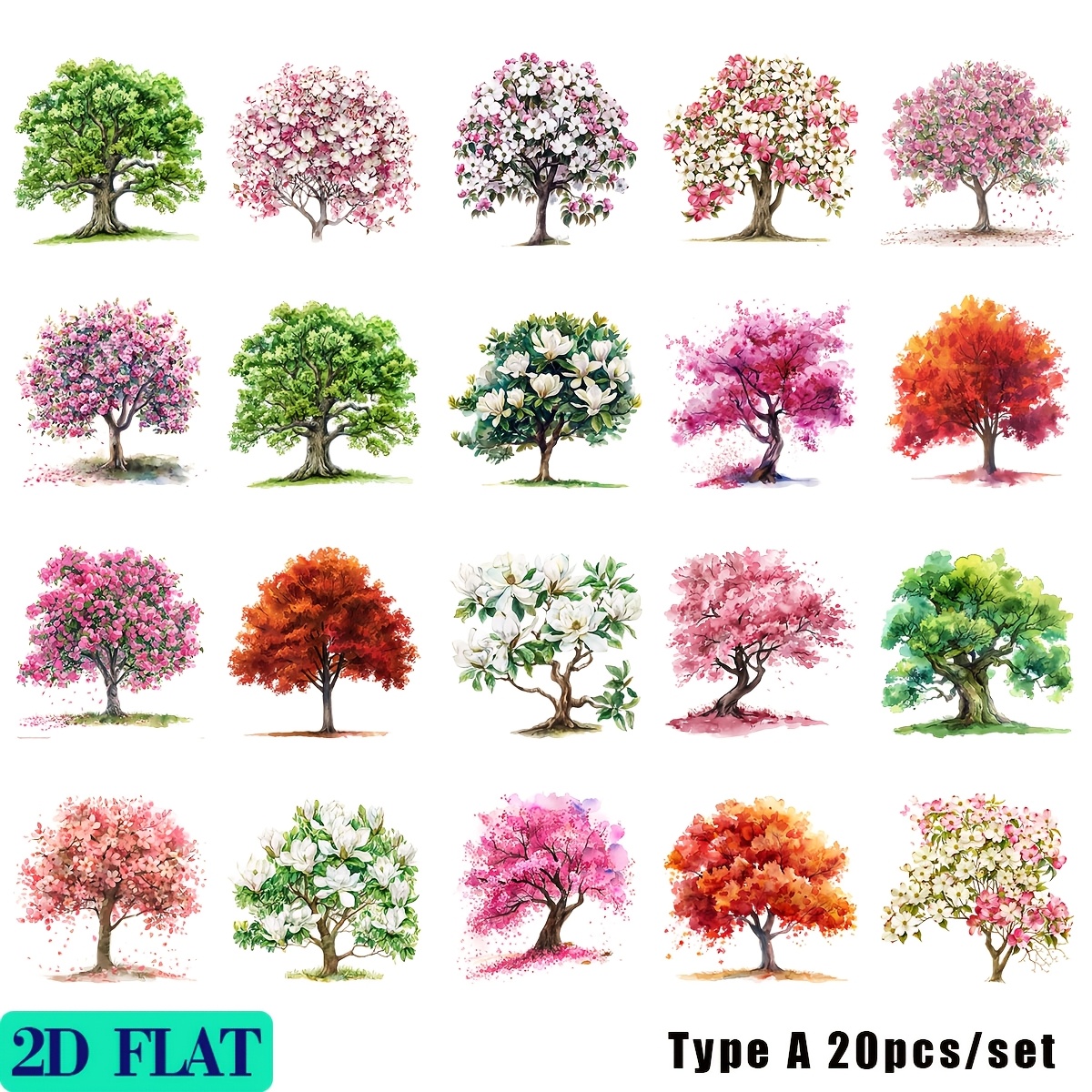 Image of 20pcs/set Handmade Creative Colored Tree Cherry Series 2d Flat High Quality Stickers, Suitable For Trash Journal Notebook Decoration Diy Cutting Album Stickers, 2d Flat