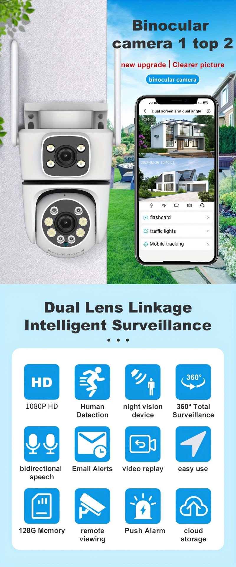 4pcs dual lens outdoor surveillance camera for   camera 2 4g wifi wireless camera video surveillance body tracking night vision function two way   alerts 355 rotation mobile phone   details 0