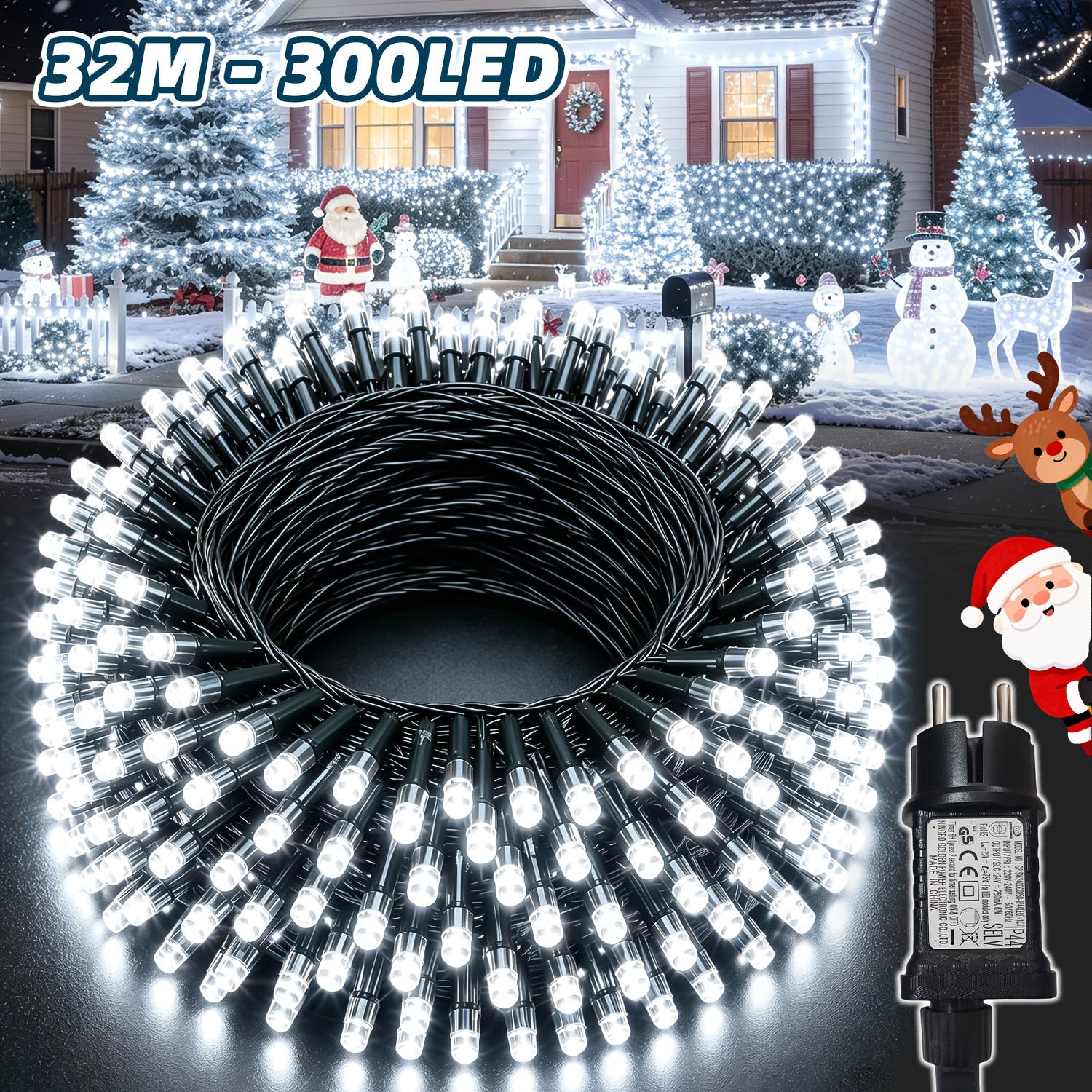 TEMU Lot de 1 bande lumineuse d'extérieur 12/22/32 /200/300 LED, guirlande lumineuse décorative de Noël pour extérieur, alimentée par prise, 12