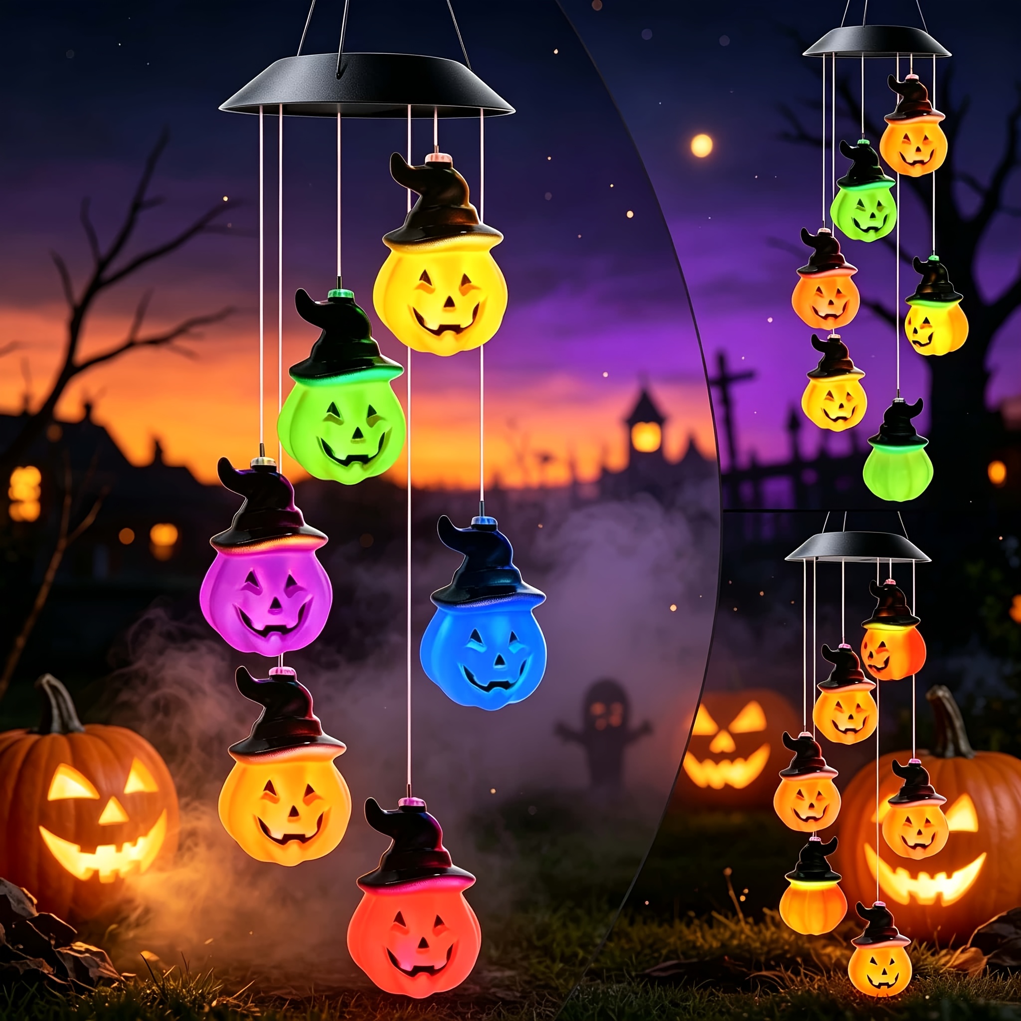 TEMU Halloween Solar Pumpkin Wind Chime Lights, Rgb Color Changing Hanging Decorative Lights With Witch Hat, Ip44 Solar Powered Light Chimes For