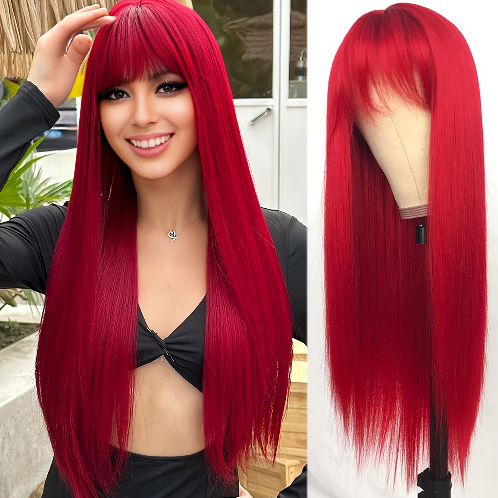TEMU 28 "straight Hair Wig With Red Bangs Temperament Wig Light And Comfortable Wig Daily Party Wig With High Wig New Year's Day Valentine's Day Holiday Party Wig