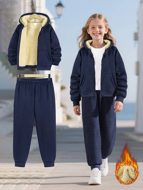 two piece sportswear set with fleece hooded jacket and jogger pants in solid color for fall winter features elastic waistband unisex casual and outdoor attire for children aged 3 and up white inner layer shoes not included for outdoor