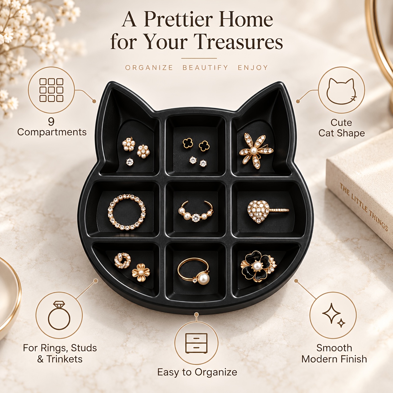 TEMU 3d Cat-shaped Compartment Jewelry Tray, 9-slot Storage Dish, Cute Cat-ear Jewelry Organizer For Rings, Earrings, And Necklaces, Vanity