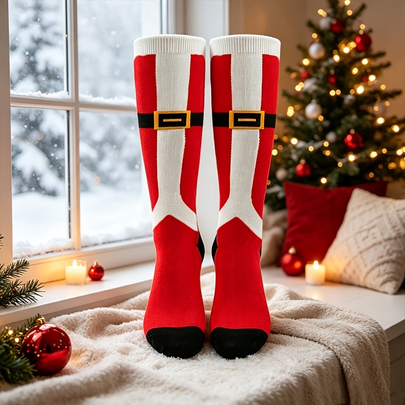 TEMU 1 Pair Of Christmas Elf Santa Claus Thigh-high Stockings, Festive Knee-high Socks With Red And Green Striped Waistband Design, Christmas Cosplay