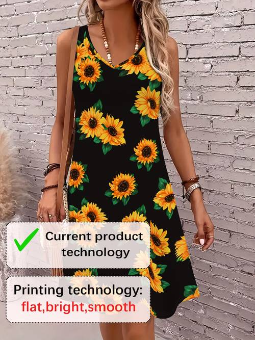 2d printing elegant holiday abstract painting sunflower flowers breathable v neck womens vest dress new womens casual midi skirt summer holiday womens sleeveless a line midi dress