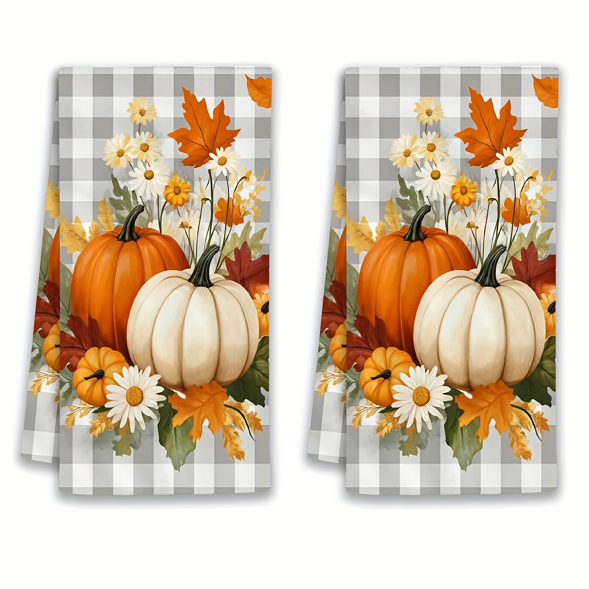 TEMU 2pcs, Autumn Pumpkin Print Dish Towels/kitchen Towels, Gray-white Intercalated Checkered Background, Featuring Orange Pumpkins And White