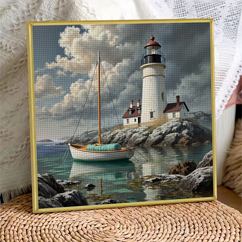 Cross Stitch Kit Featuring Lighthouse and Boat by the Shore