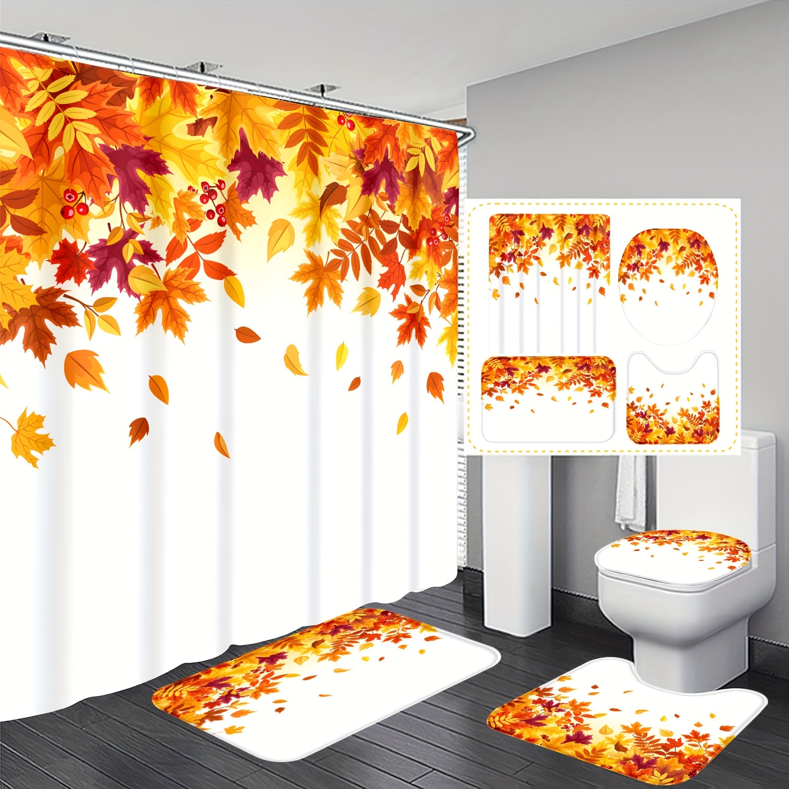 

Festive Autumn Leaves Bathroom Set: Includes 1 Shower Curtain, 12 Hooks, 1 U-shaped Bath Mat, 1 Oval Toilet Seat Cover, And 1 Round Toilet Lid Cover - Perfect For Fall Decorating