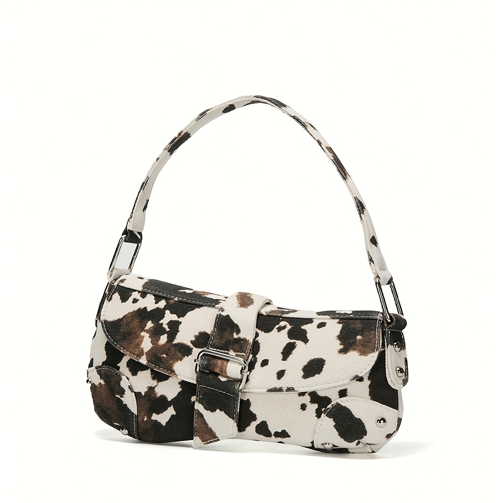 Image of Women's & Cow Print Motorcycle Hobo Bag - Adjustable Strap Y2k Retro Dot Bag With Closure, & Ginger For Teen, Daily Use, Party, Work - Animal Print Purse