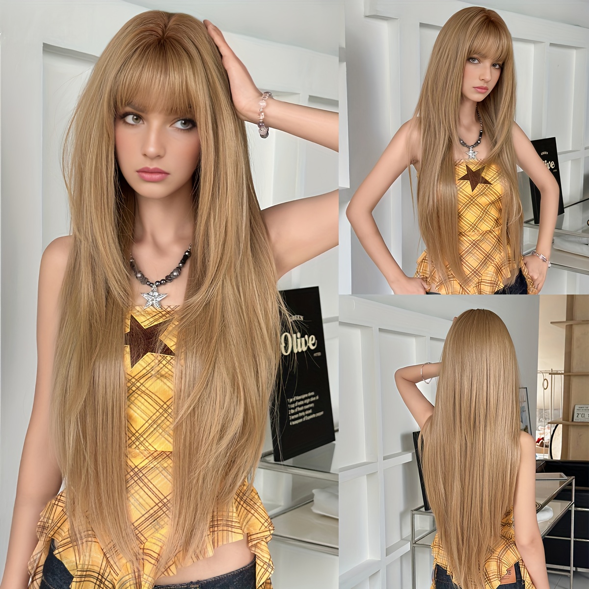 TEMU Perruque AKAKO Longue et Lisse Blond Clair pour Femme avec Foncées, Cheveux Synthétiques Lisses Naturels, Perruque Résistante à la Chaleur avec
