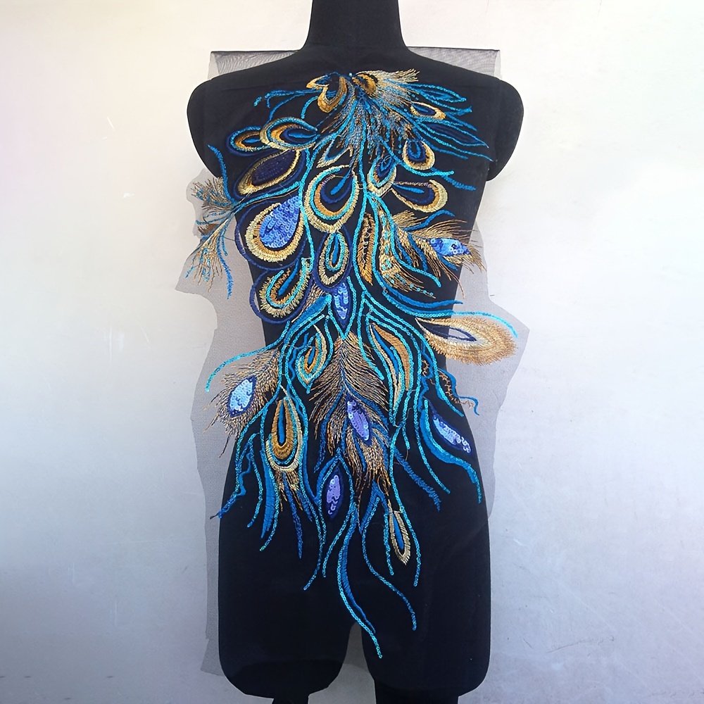E-shop Blaue Pailletten Phönix Schwanz Mesh Gestickter Stoff Patch Stickerei Blumen Applikation Cheongsam Kleidung Dekorations Patch