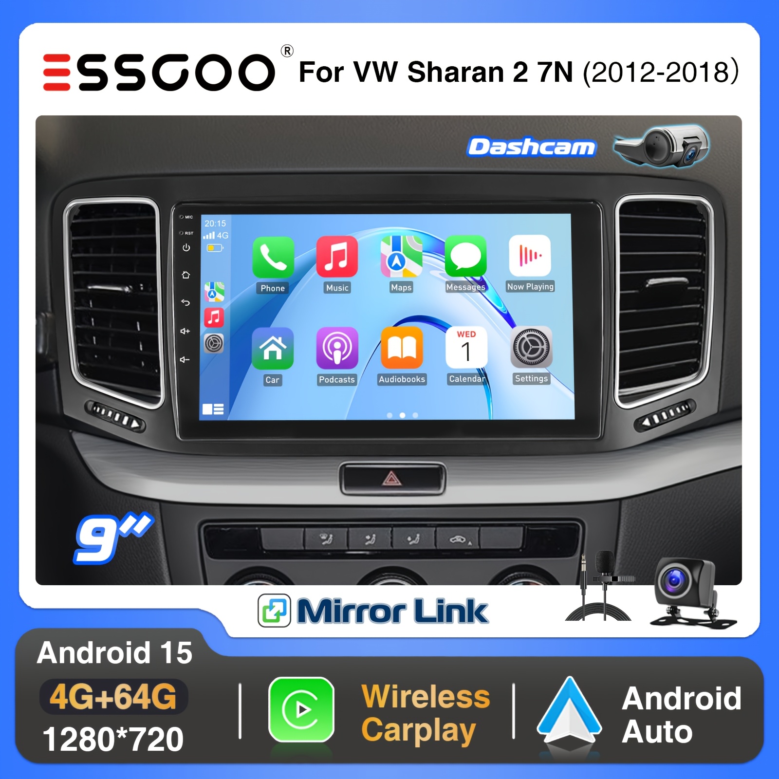 Essgoo 15 4+64g Car Stereo Upgrade Kit For Vw 7n Seat Alhambra Ii 2010-2022 | 9 Inch Ips Screen, , Auto, Fan Cooling, Gps, Wifi, Fm, Rds, Usb, , With Microphone, Ahd Reverse