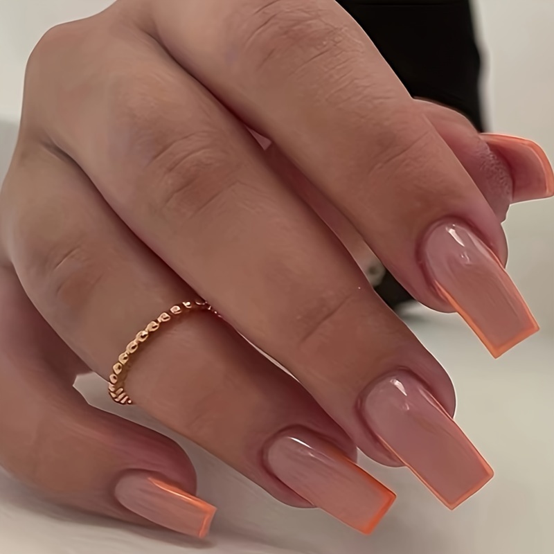 Glossy Long Square Fake Nails Nude Press On Nails With - Temu