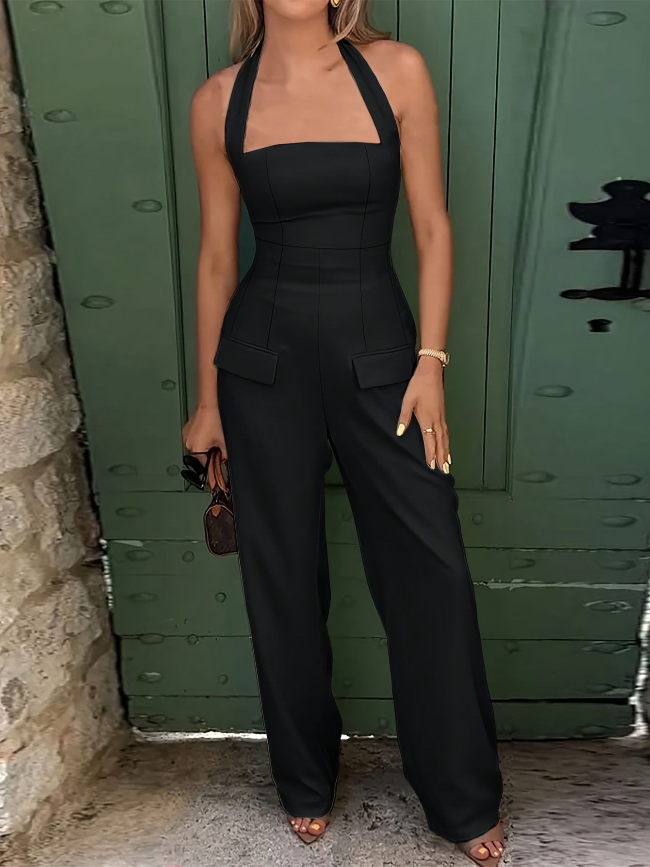 womens black halter neck jumpsuit sleeveless skinny fit lace