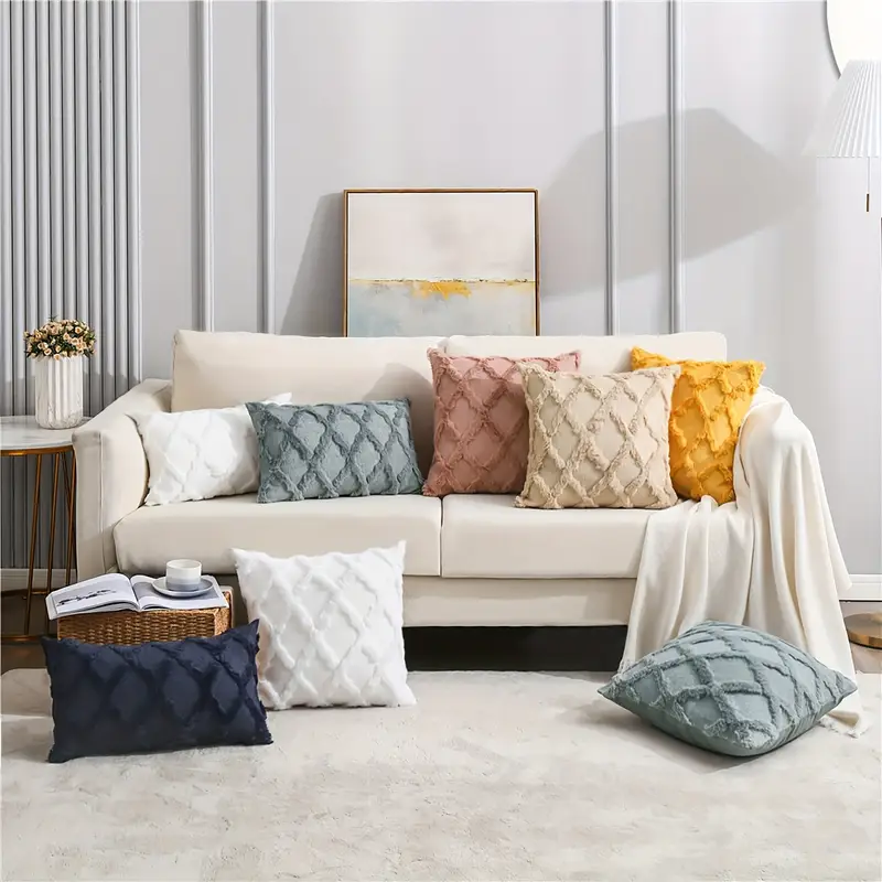 4 pack bohemian style throw pillow covers 18x18 inch shaggy plush wool 3d embroidery geometric pattern suede decorative cushion covers with zipper machine washable polyester for multiple room couch sofa living room decor Product details 4
