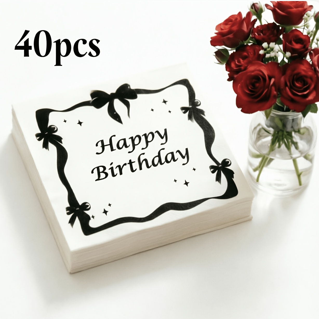 TEMU 40 Count Elegant White Birthday Disposable Napkins, Black Bow-knot Border & Star Pattern, Happy Birthday Printed Paper Napkin, Modern Birthday