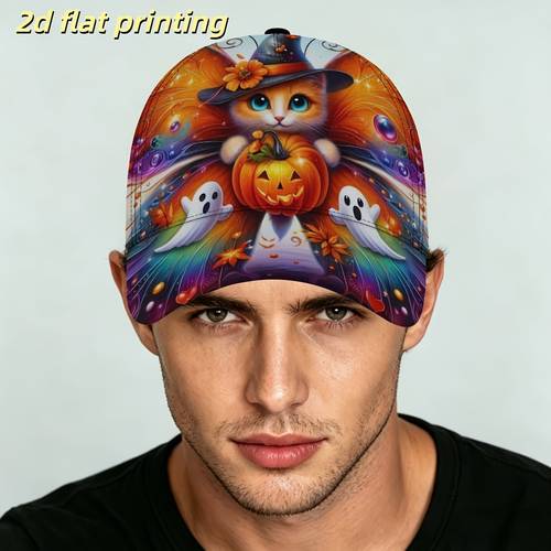 item picture 2d flat printing cat pumpkin ghost halloween baseball cap soft fabric adjustable duckbill cap casual outdoor sun hat for men women