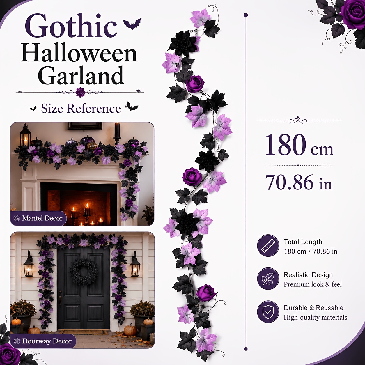 TEMU Gothic Artificial Flower Garland, 180cm Long, Halloween Black And Purple Rose Vine Style, Artificial Flower Hanging Garland With Leaf
