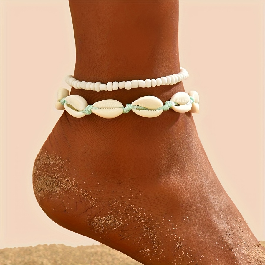 Boho Shell & Rice Bead Anklet Bracelets, Beach Jewelry