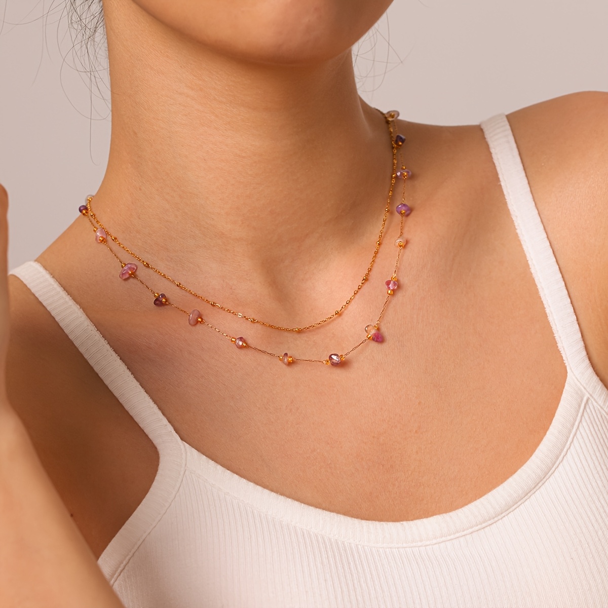 2pc Adjustable Natural Stone Chip Layered Necklace Set for Women