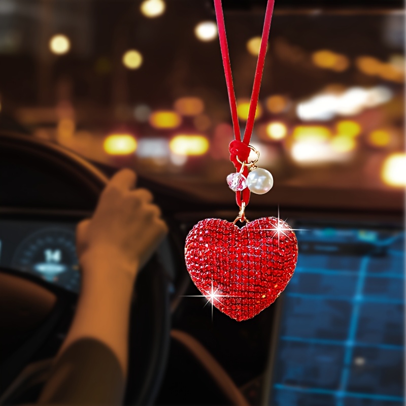TEMU Sprankelende Kristallen Hart Autohanger met Parelaccent - Elegante Achteruitkijkspiegel Decoratie, Duurzame Auto-interieur Accessoire voor