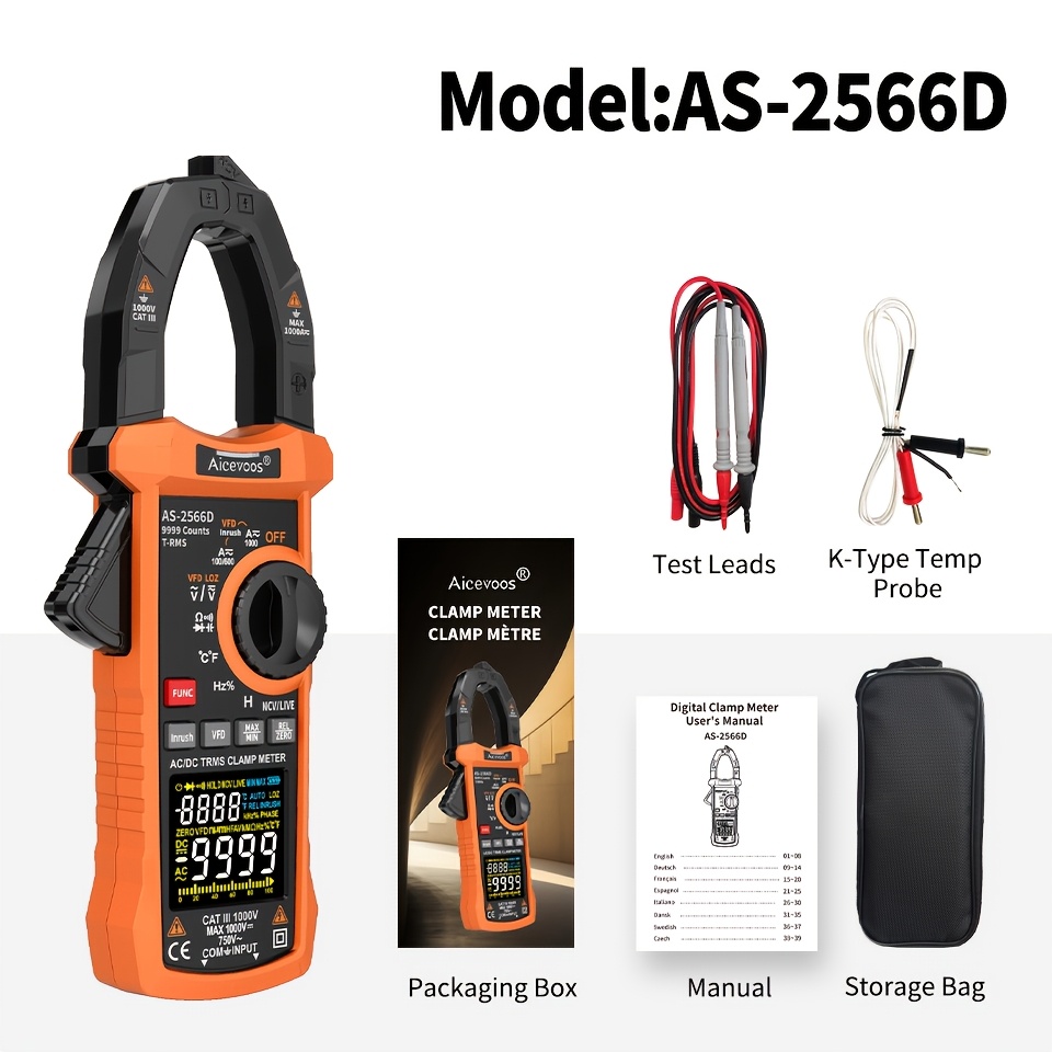 Image of Aicevoos Digital Clamp Meter, 1000a Ac/ Current, 9999 , Auto , Ac/ Voltage, True Rms Multimeter, Ammeter Voltage Tester, Ncv, , Resistance, Temperature, Electric Inductance