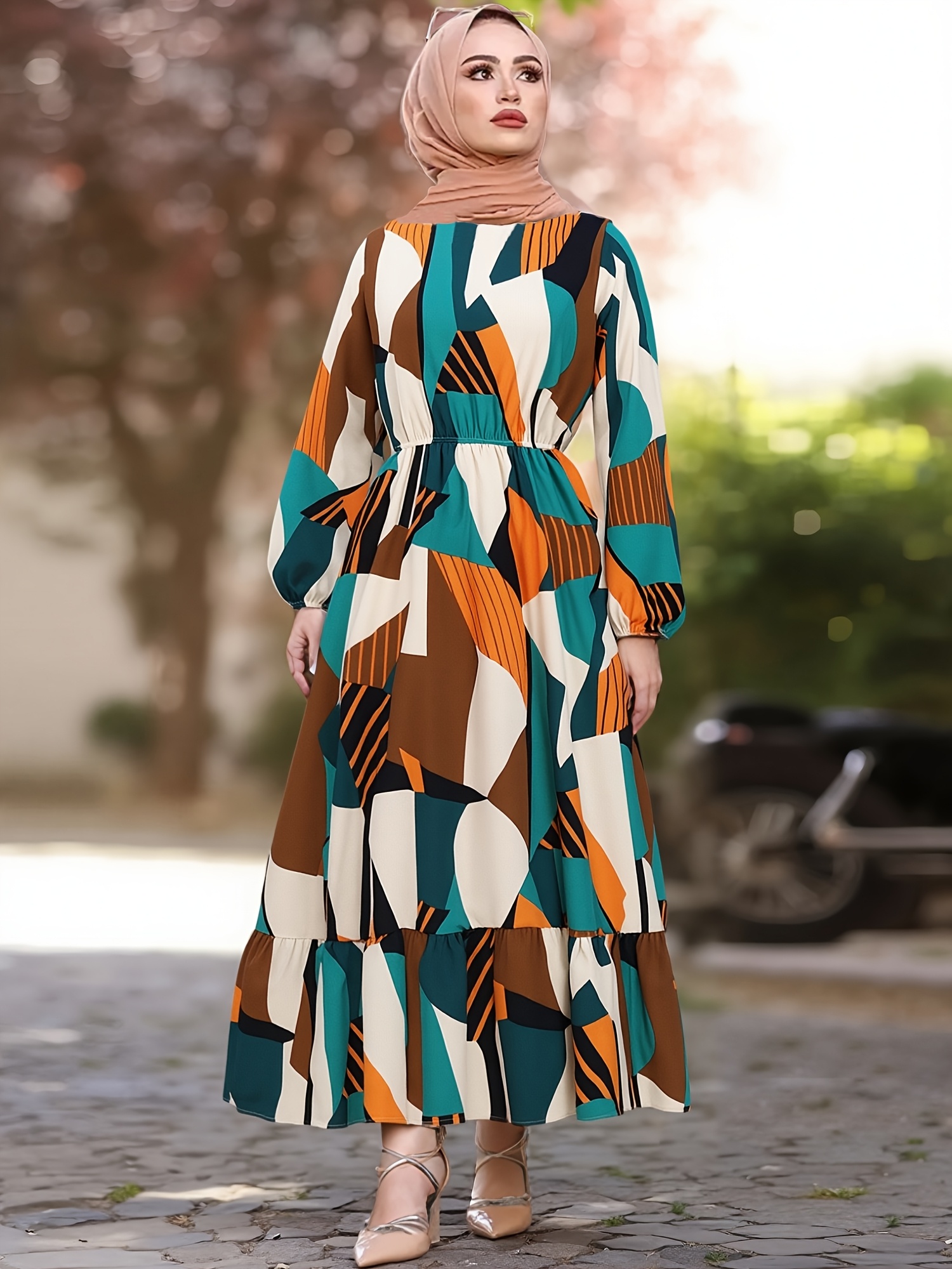 eastern party wear dresses elegant long sleeve round neck a line dress elastic waist