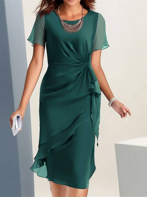 womens party dress for wedding guests length blue short sleeve solid color dress with suitable for and autumn featuring a round neck stylish for office and vacation