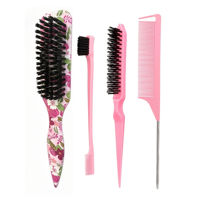 TEMU 4pcs/set Slick Back Hair Brush Set, Floral Printed Set, Smoothing Brush For Smooth Flyaways, Frizz, Sleek Ponytail, Buns And Edge , Teasing Gel