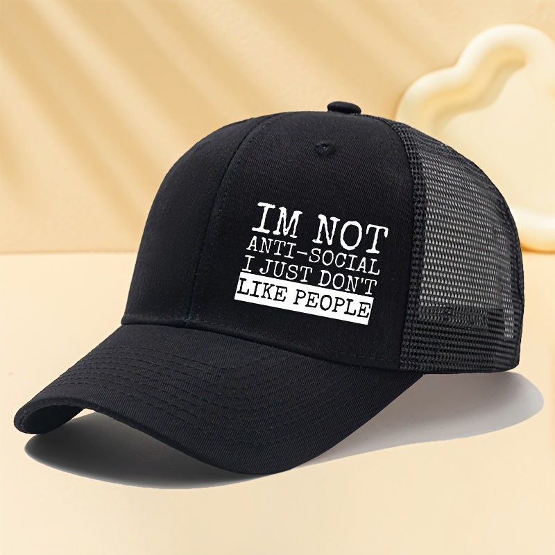 TEMU A Stylish Unisex Baseball Cap With ' Anti-social I 't ' Printed On It, Perfect For Summer Outdoor Activities. This Breathable Curved-brim Hat Is