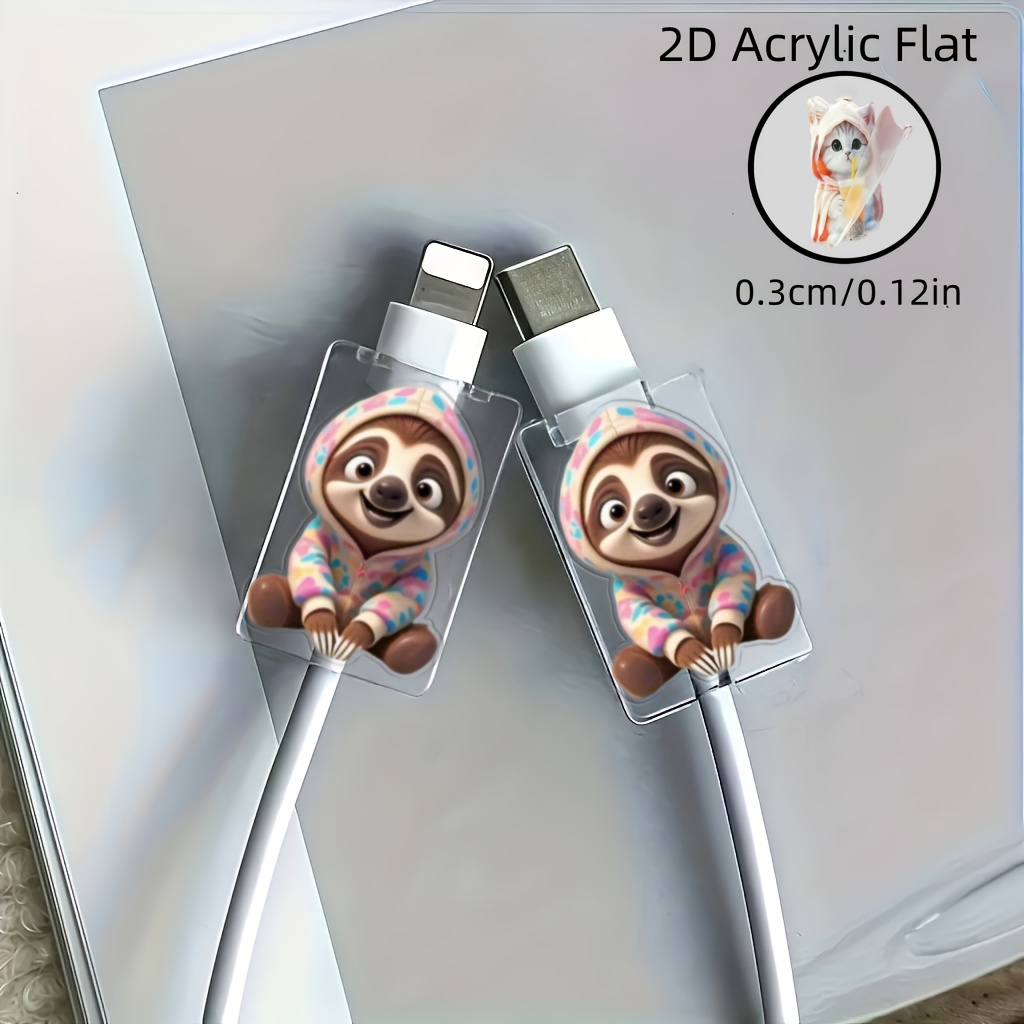 [2d Acrylic Flat] 2pcs Sloth Design Tpu Cable Protector - Anti-break Type-c Charger Cable Sleeve, Durable Flexible Phone Cable Protector, Cute Protective Case Suitable For Type-c Charging Cable