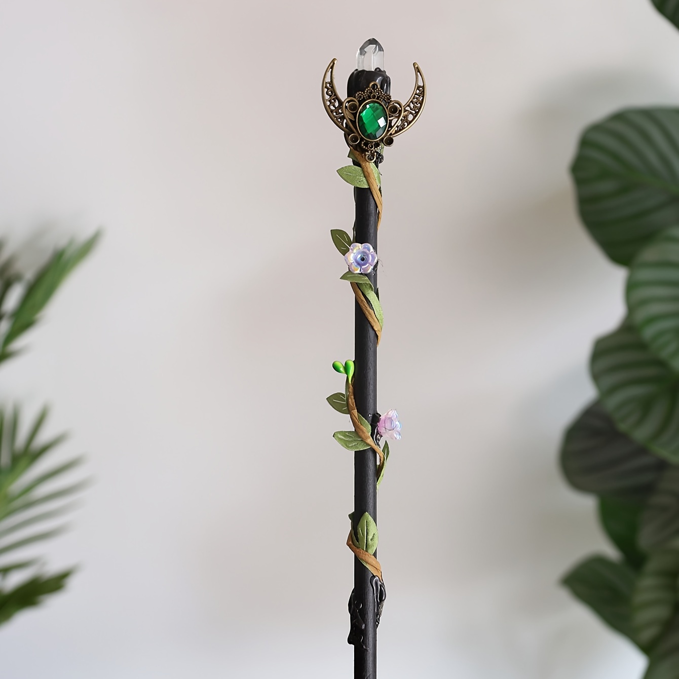 Image of 1pc Witch Irregularly Natural Stone Magic Wand With Metal , Forest Flowers And Vines Suitable For Cosplay, Party, Sacrifice ( Magic Wand, No Base)