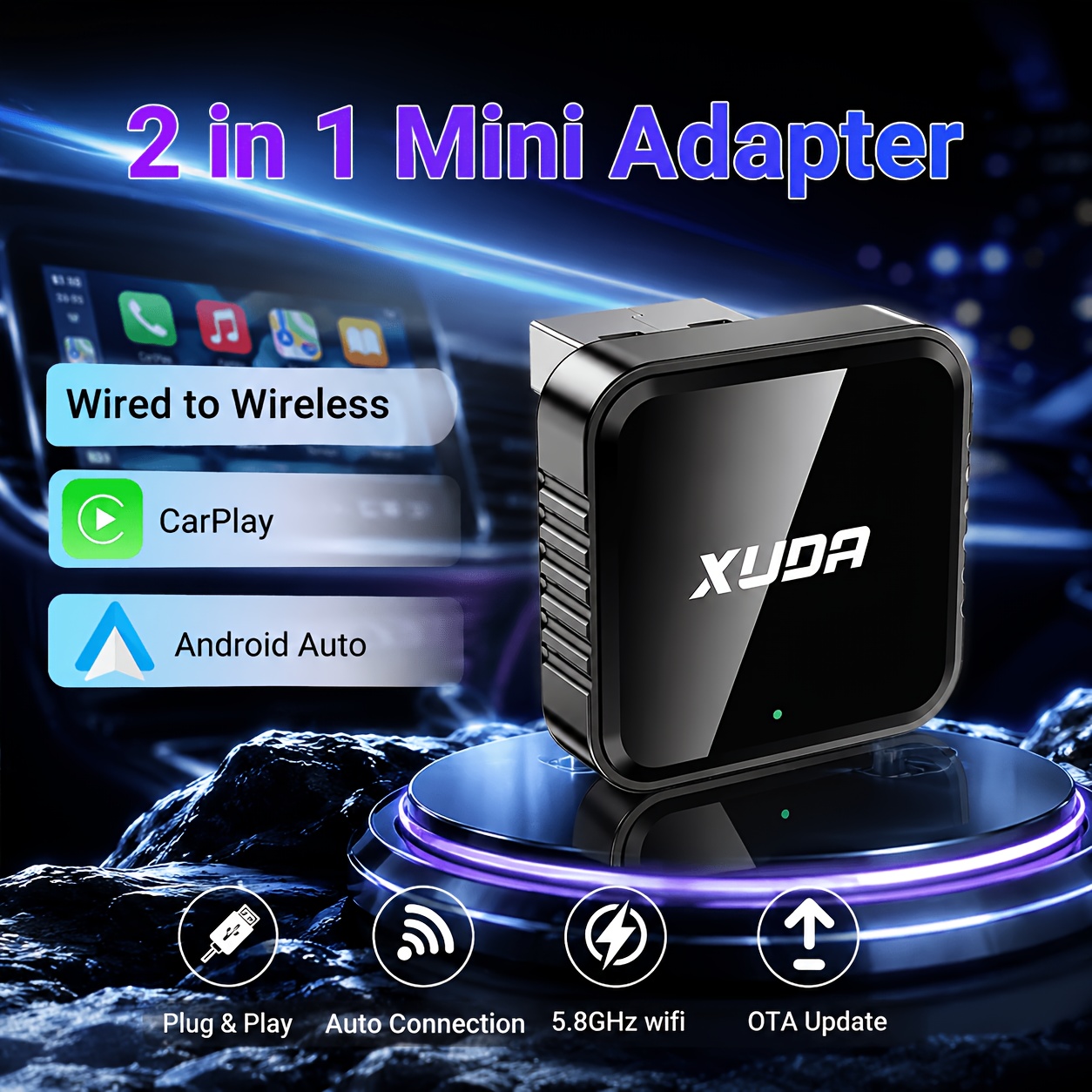 tétel kép vezeték nélküli adapter carplay és   auto vevőhöz, 0,5 másodperces késleltetés, usb type-c dongle, plug and play, 5.8ghz wifi, automatikus csatlakozás, ota frissítések, akkumulátor nélkül
